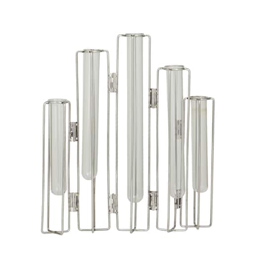 Silver Glass Tube Vase with Metal Stand 11" x 2" x 12"